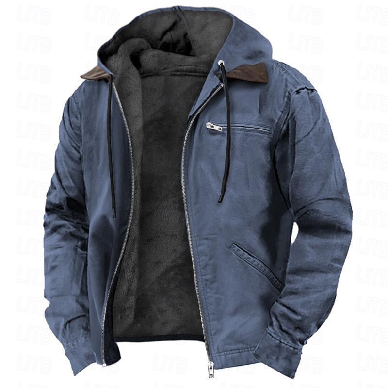blue men's winter jacket with black fleece lining, front zipper, and hood with drawstrings