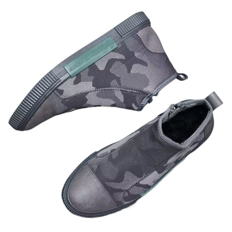 Pair of gray camouflage slip-on shoes with black rubber soles and fleece lining