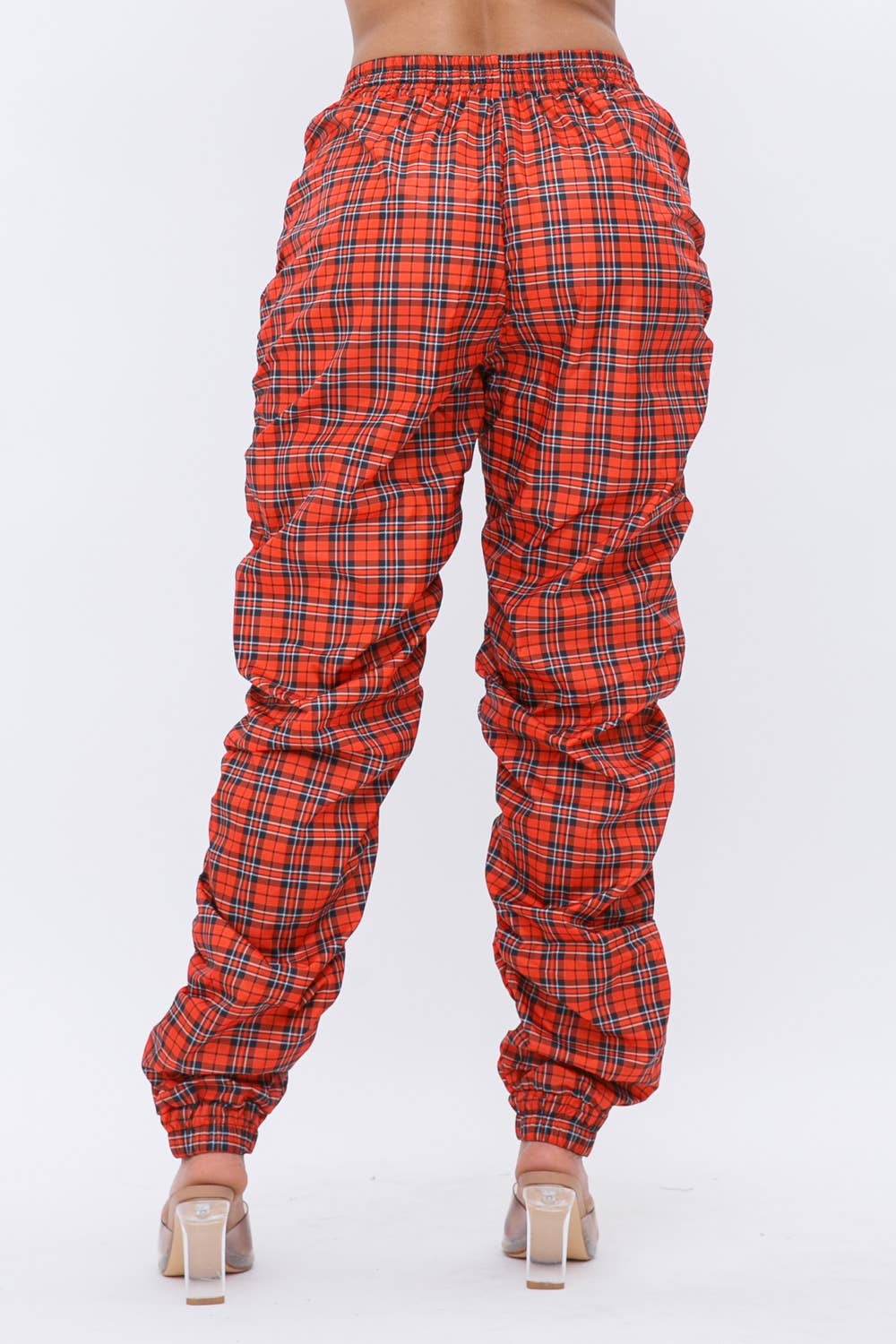 Plaid Print Wind Breaker Drawstring Shirring Jogger Pants