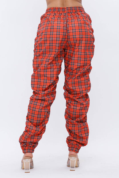 Plaid Print Wind Breaker Drawstring Shirring Jogger Pants
