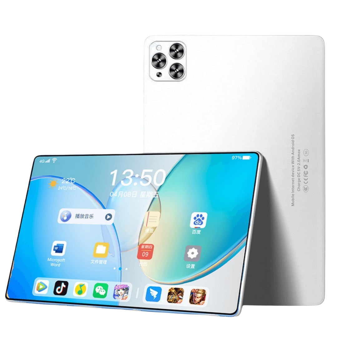 Modern white Android tablet with large screen display and triple rear cameras