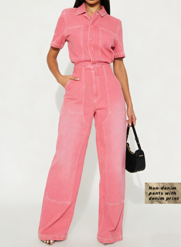 Workwear-style Short-sleeved Lapel Jumpsuit With Wide Legs