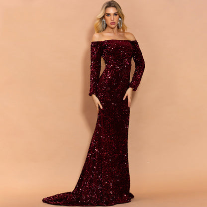 NEW Sexy Strapless Long Sleeve Sequins Party Evening Dress