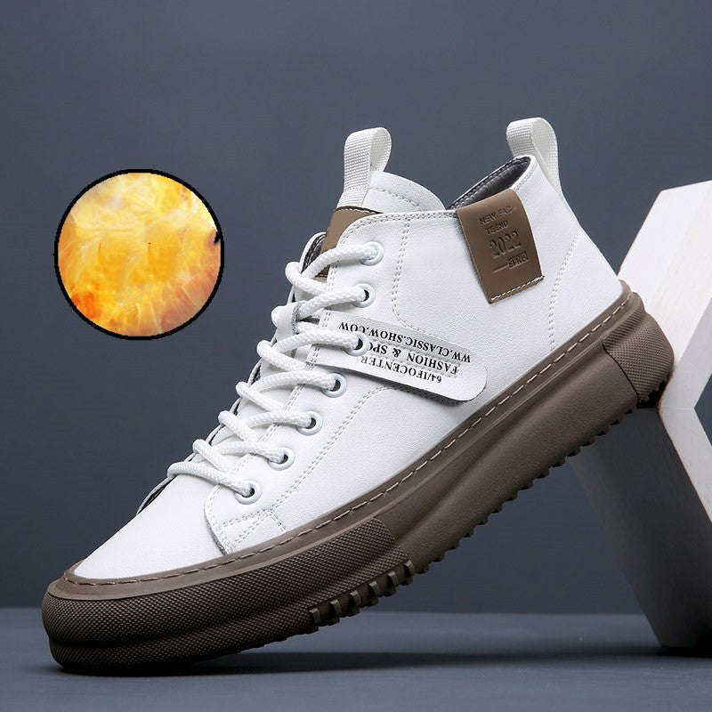 White high-top sneaker with brown sole, laces, and fashion tag on gray background