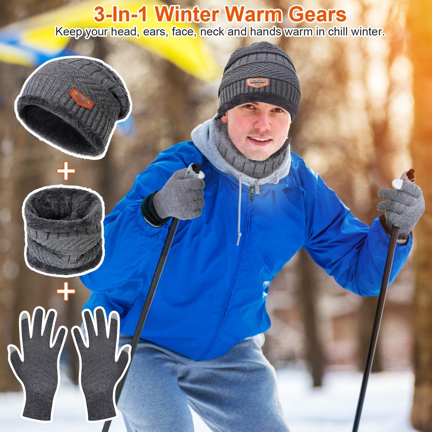 3-in-1 Winter Warm Knitted Hat, Scarf &amp; Touchscreen Gloves Set – Thick Fleece Lined Cold Weather Gear