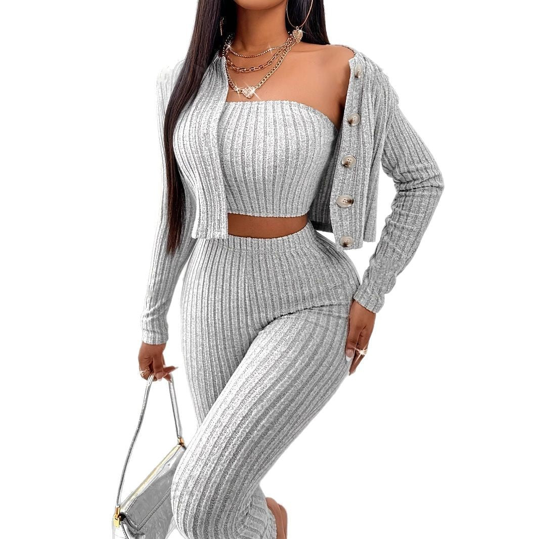 Women’s 3-Piece Casual Solid Gray Set – Top, Vest &amp; Trousers