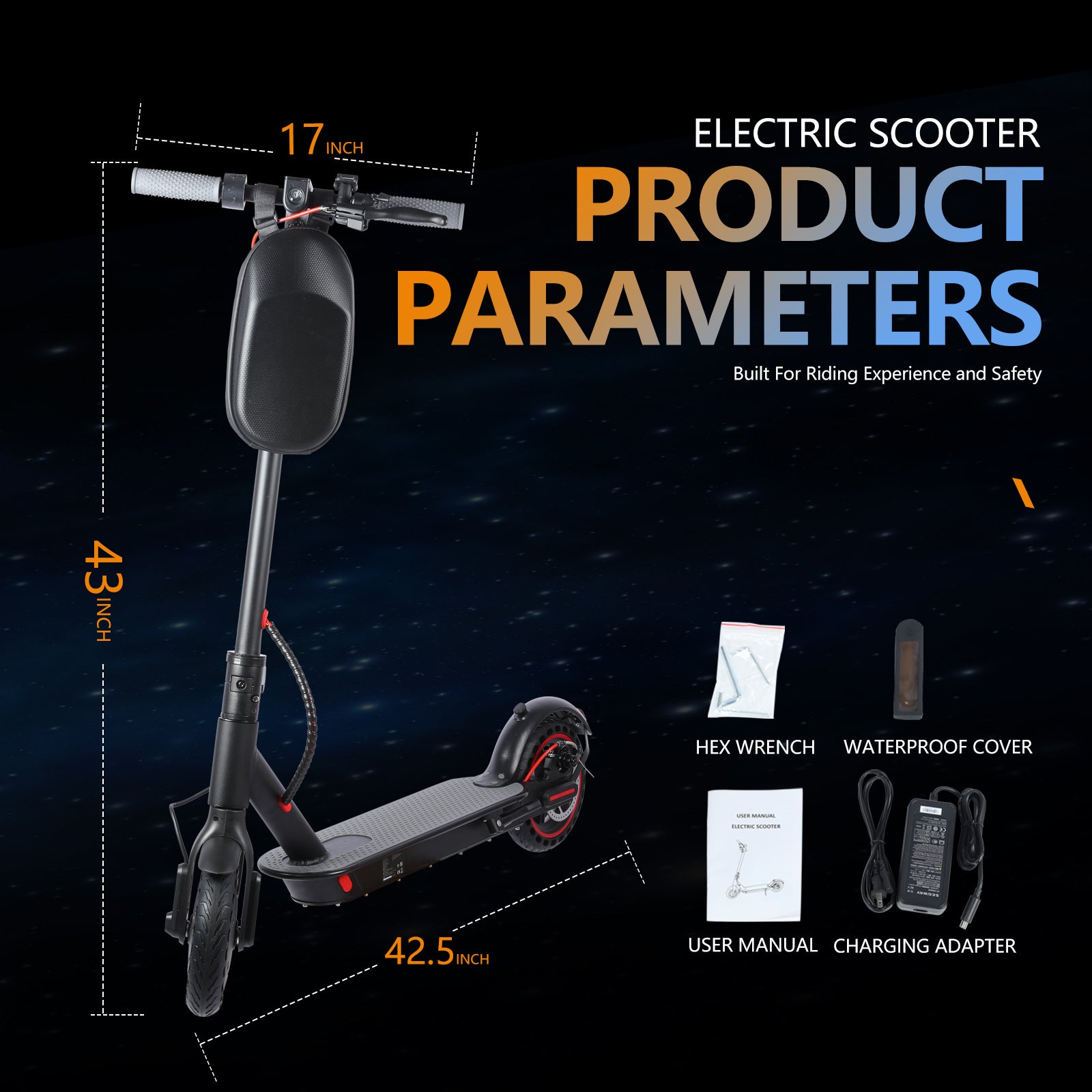Black electric scooter with 17-inch handlebars, 43-inch height, 42.5-inch length, hex wrench, waterproof cover, user manual, and charging adapter