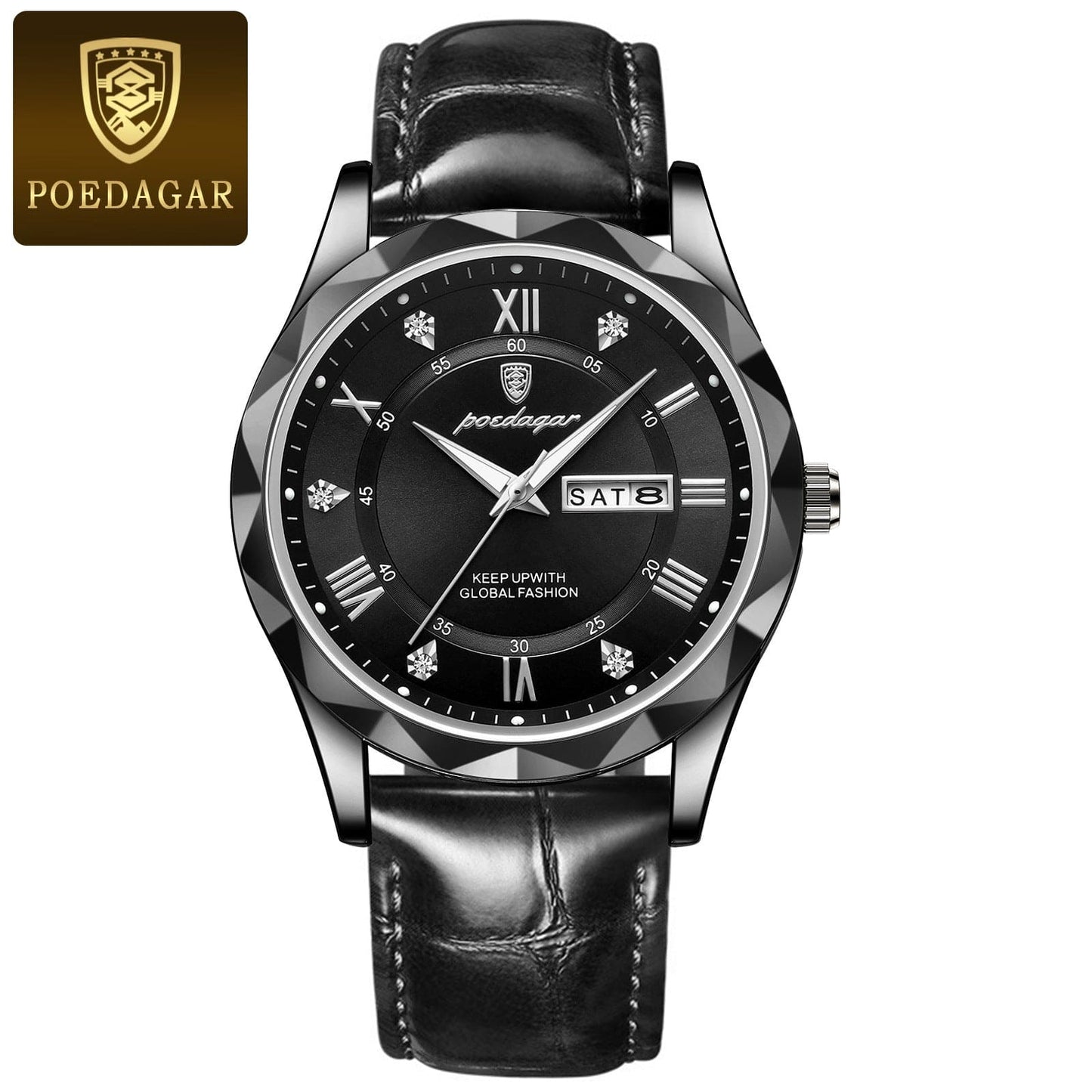 Poedagar black leather strap wristwatch with faceted bezel, roman numerals, date display, and crystal hour markers