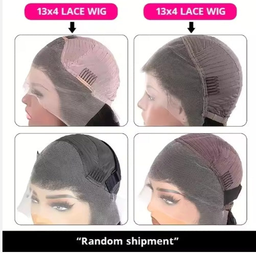 Four close-up views of 13x4 lace wig caps showing hairline, combs, adjustable straps, and lace textures