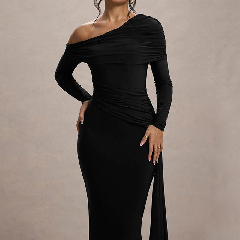 NEW Women's Elegant One-Shoulder Ruffle Dress, Long Sleeve Bodycon Gown With Flowing Ribbon For Spring And Fall