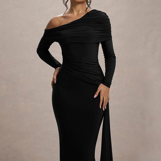 NEW Women's Elegant One-Shoulder Ruffle Dress, Long Sleeve Bodycon Gown With Flowing Ribbon For Spring And Fall