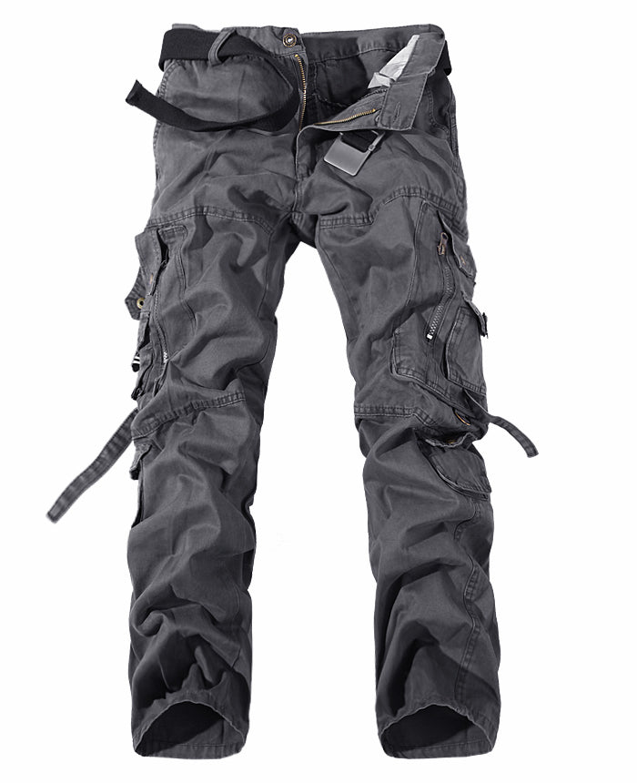 Dark gray cargo pants with multiple zipper pockets and attached black belt on white background