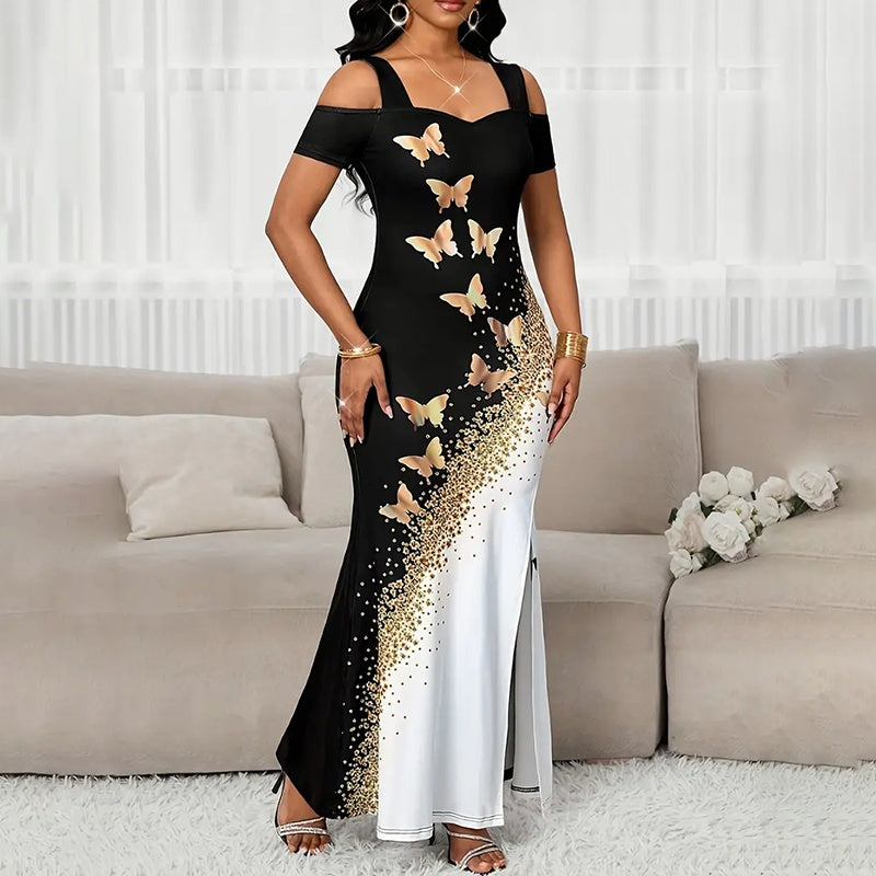 Women's Color-Block Butterfly Print Maxi Dress, Off-Shoulder Bodycon Gown With High Slit For Spring And Summer Parties
