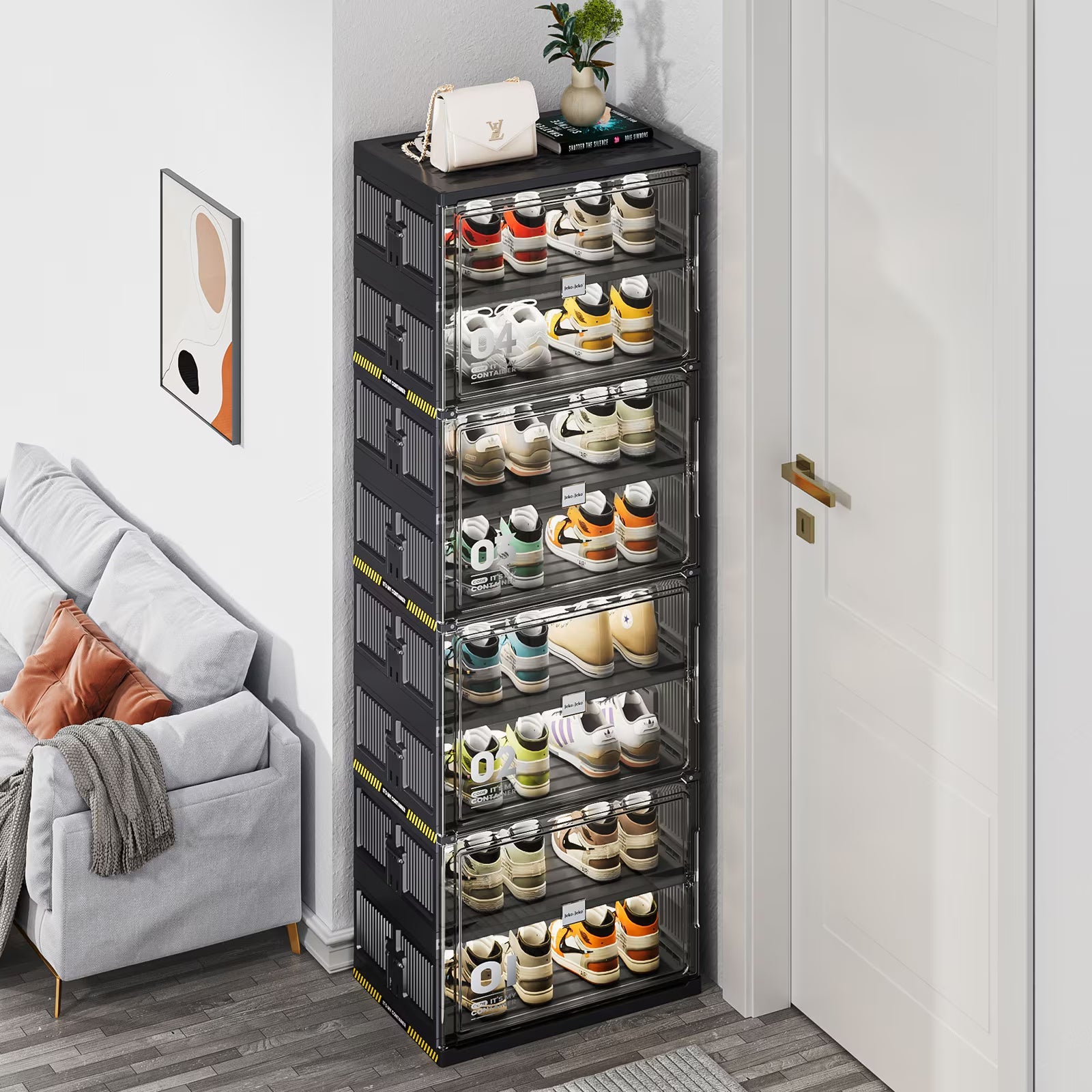 6 Tiers 12 Pairs Hard Plastic Shoe Storage Organizer Cabinet For Entryway, Large Stackable Collapsible Sneaker Shoe Box Organizer For Closet, Portable Folding Shoe Cabinet With Doors, Black - JonaStore