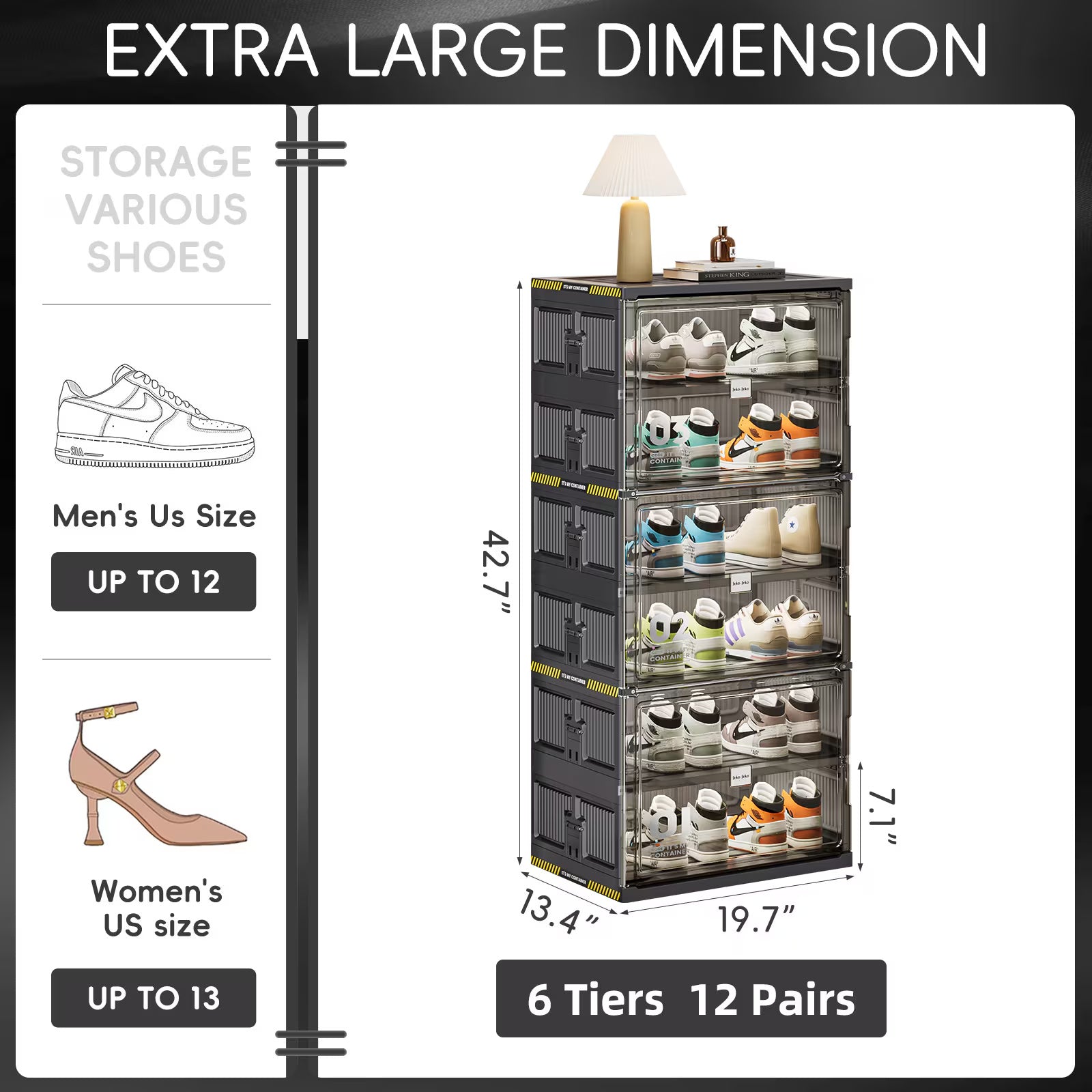 6 Tiers 12 Pairs Hard Plastic Shoe Storage Organizer Cabinet For Entryway, Large Stackable Collapsible Sneaker Shoe Box Organizer For Closet, Portable Folding Shoe Cabinet With Doors, Black - JonaStore