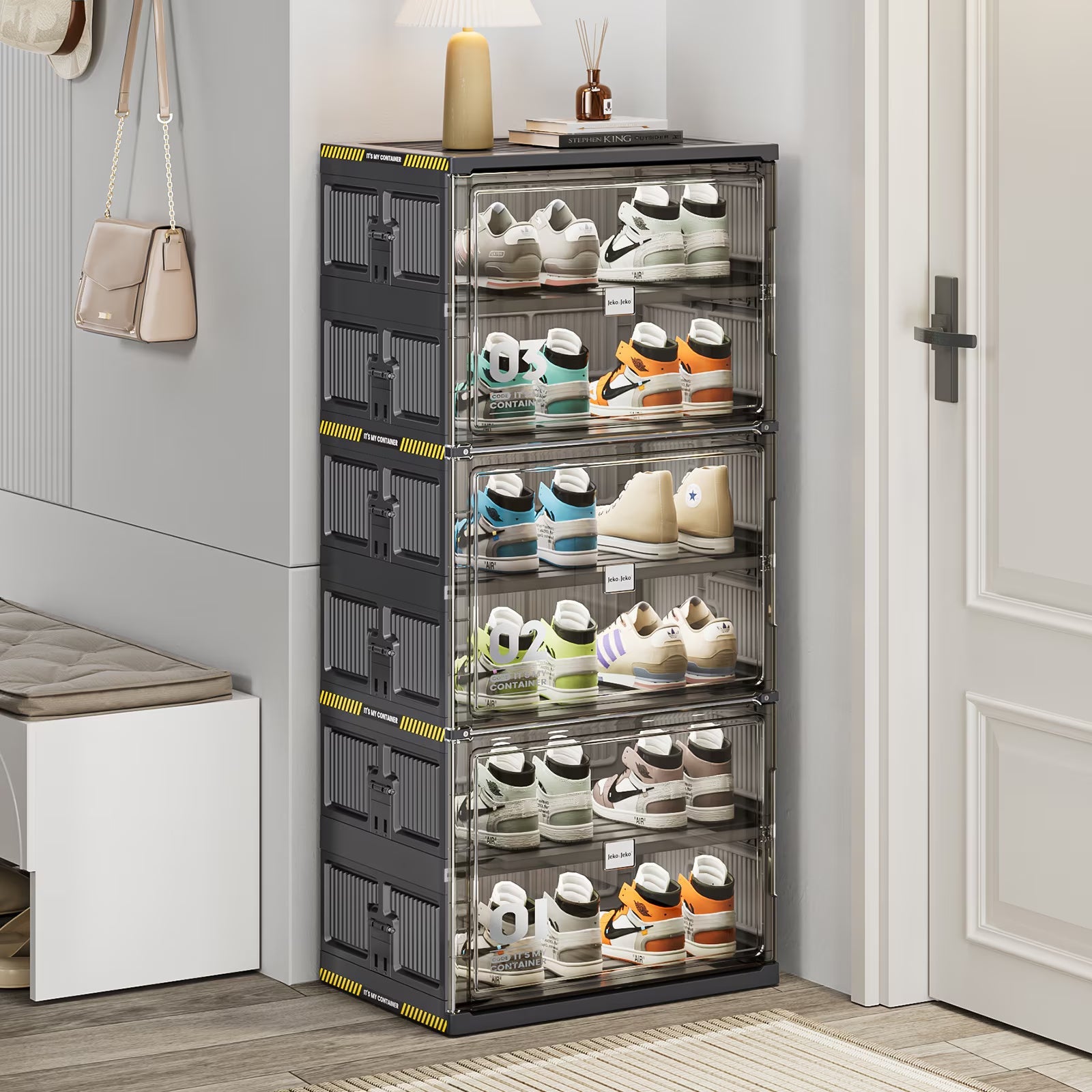 6 Tiers 12 Pairs Hard Plastic Shoe Storage Organizer Cabinet For Entryway, Large Stackable Collapsible Sneaker Shoe Box Organizer For Closet, Portable Folding Shoe Cabinet With Doors, Black - JonaStore