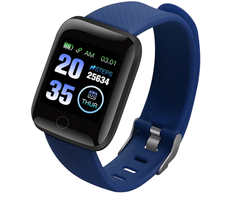 Blue fitness tracker smartwatch displaying time, steps count, battery, and calendar on black screen