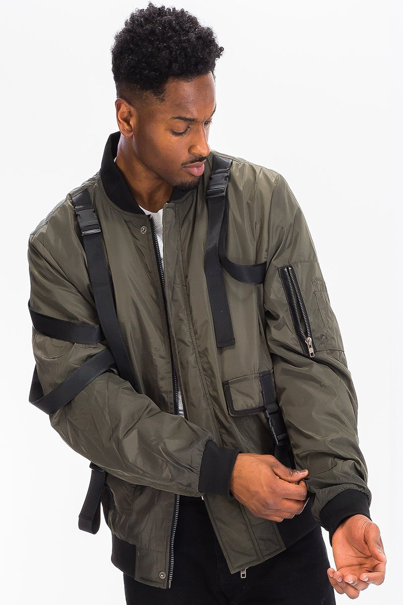 Men’s Tactical Bomber Jacket – Utility Straps, Ribbed Cuffs, Full Zip