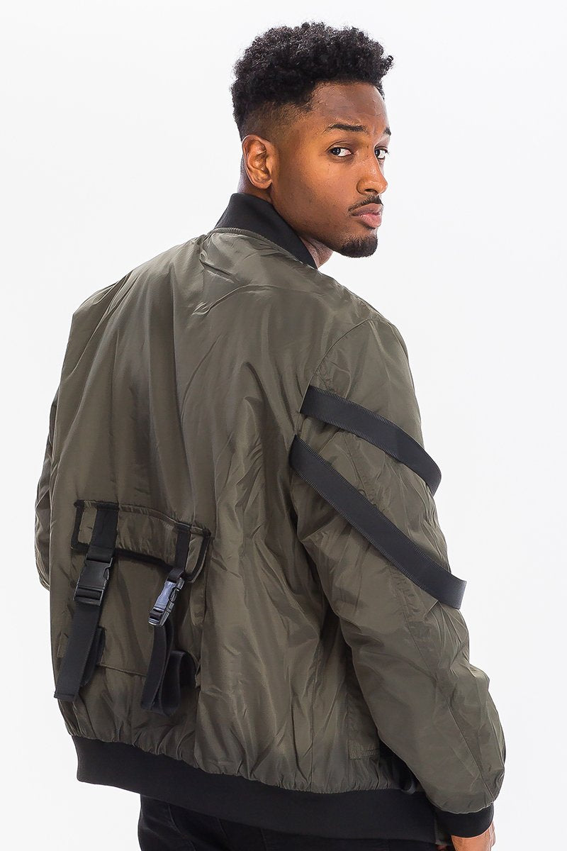 Men’s Tactical Bomber Jacket – Utility Straps, Ribbed Cuffs, Full Zip