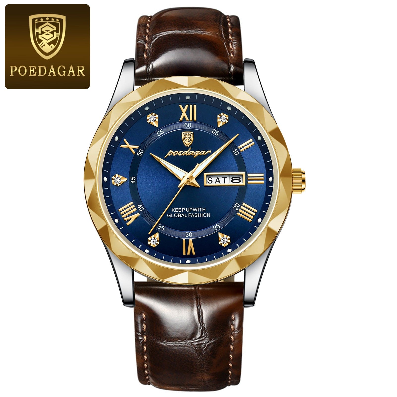 Poedagar men's wristwatch with blue dial, gold bezel, brown leather strap, and day-date display