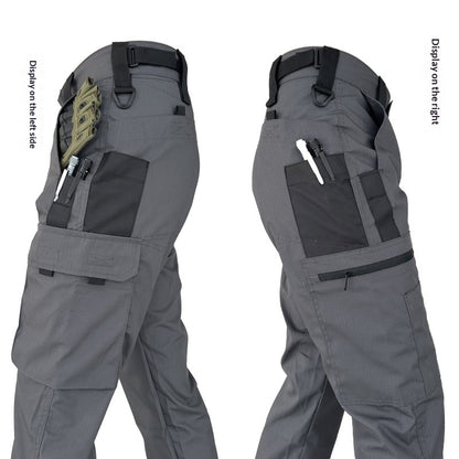 Gray tactical cargo pants with multiple pockets holding tools, shown from left and right side