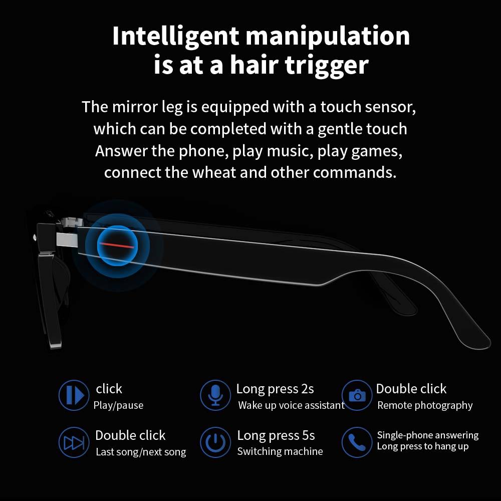 Black smart glasses arm with touch sensor for controlling music, phone, voice assistant, and remote photography