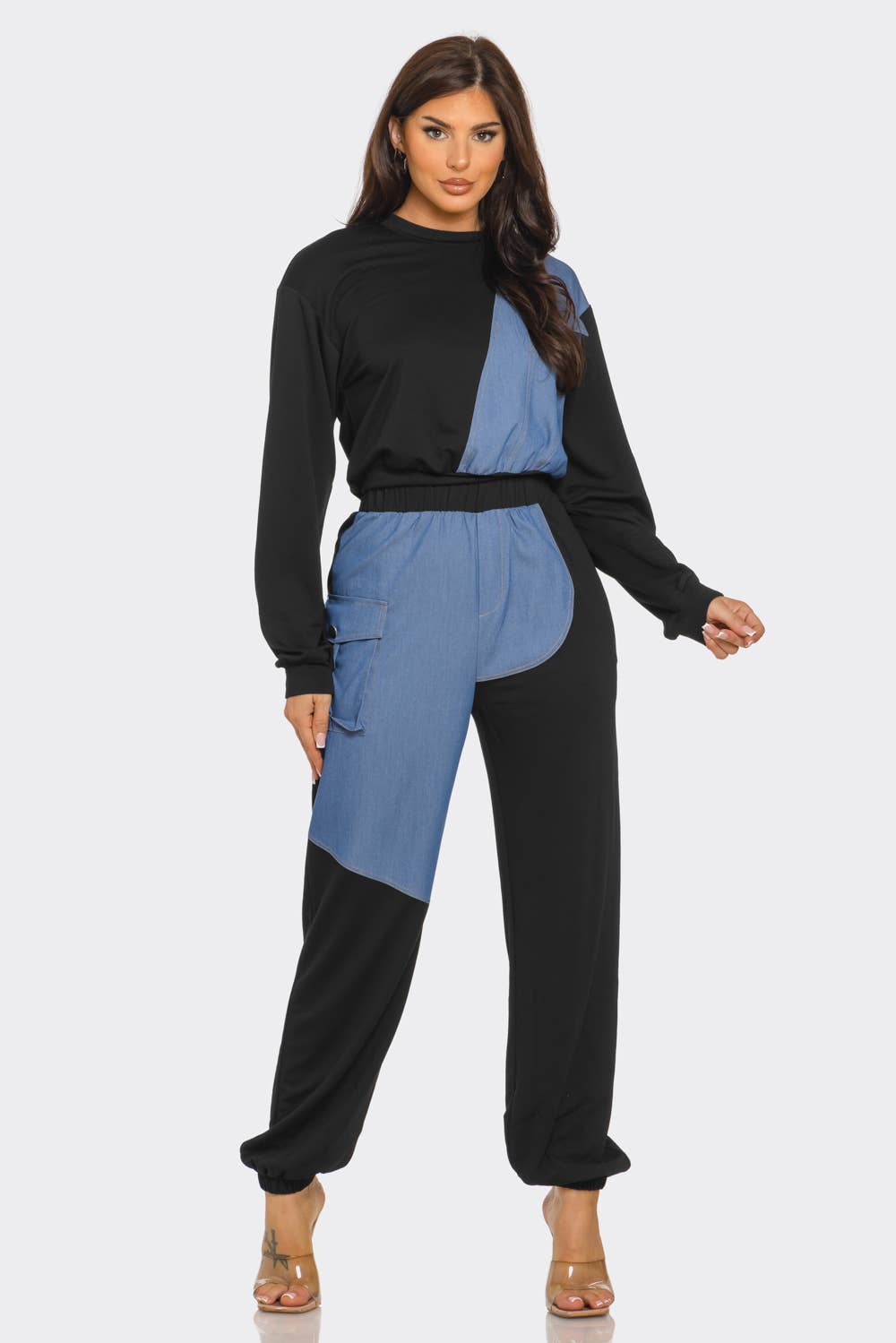 French Terry Color Block Denim Detail Top Pockets Pants Set