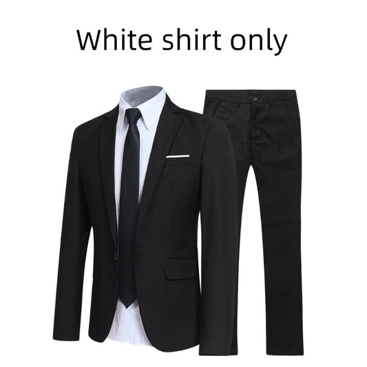 Black suit with white dress shirt and black tie displayed on white background with black pants