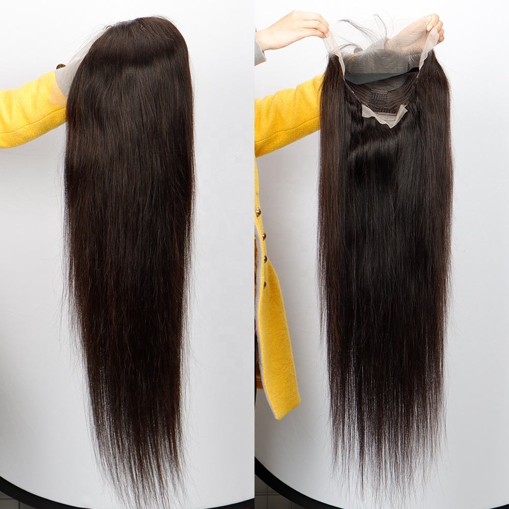 Long straight dark brown lace front wig held by hands in yellow sleeves, showing front and interior cap
