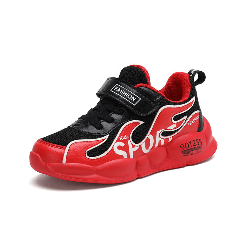 Red and black kids sports sneaker with flame design, Velcro strap, and cushioned sole