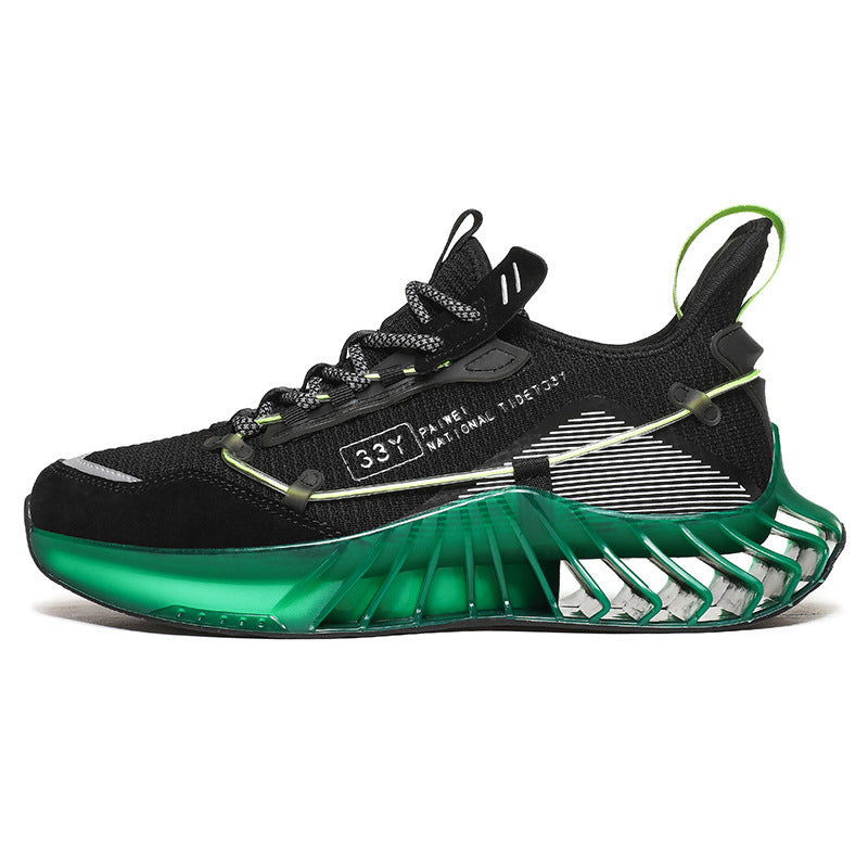 Black and green futuristic athletic sneaker with unique ribbed sole and reflective details