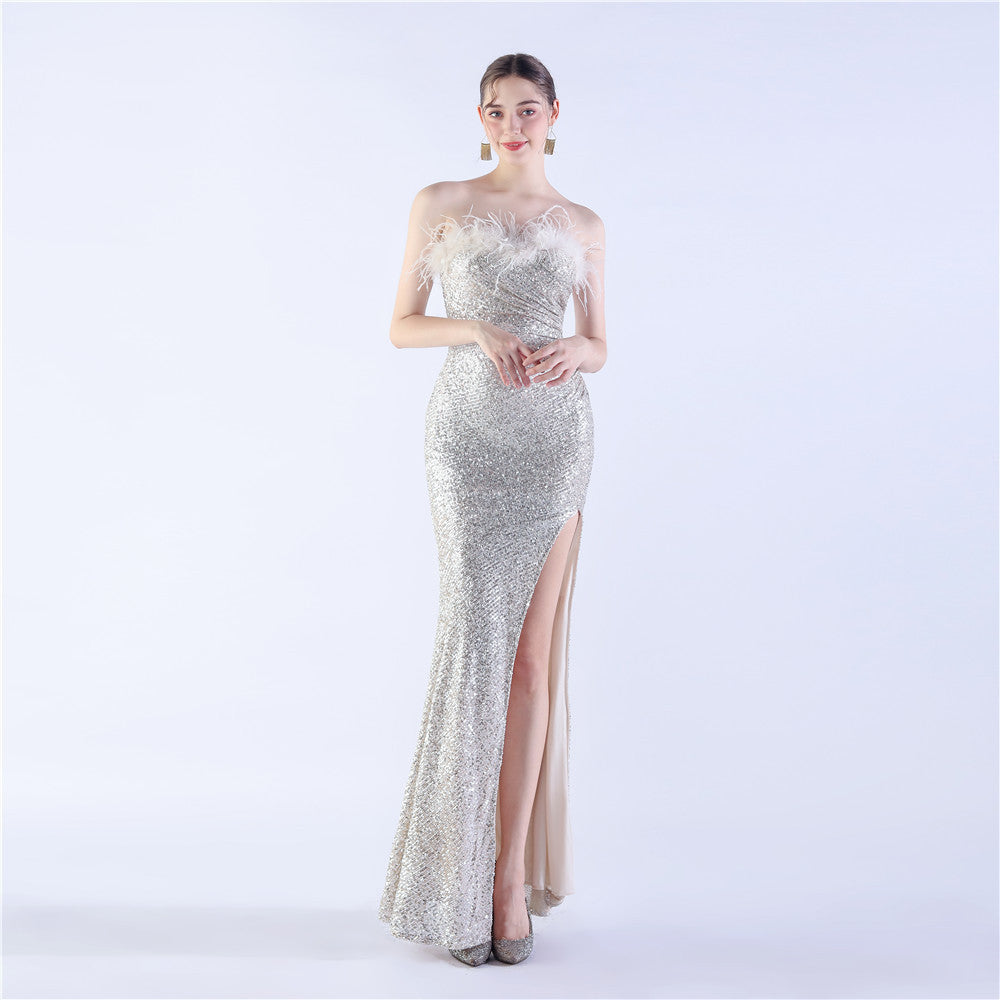 NEW Ostrich Feather Shrink Folding Wrinkle Craft Host High-end Evening Dress