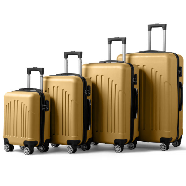 Set of four gold hard-shell suitcases with telescopic handles and four spinner wheels on white background