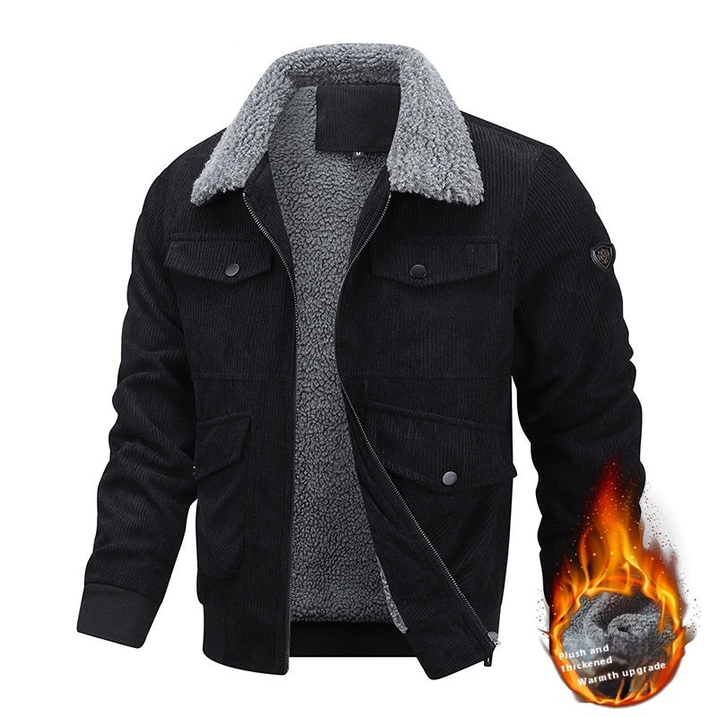 NEW Winter Lapel Fleece Jacket With Pockets Warm Thicken Cotton Coat Men&