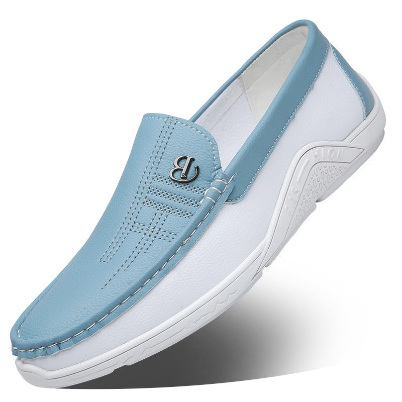 Light blue and white leather men's casual slip-on shoe with rubber sole and decorative stitching