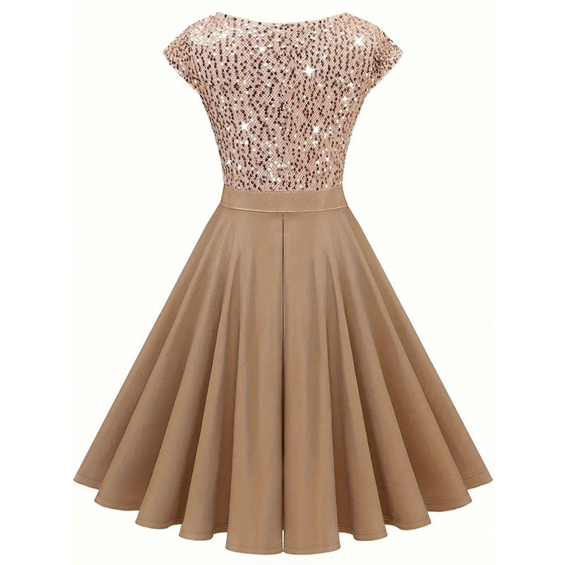 Elegant beige dress with sequined top and flared skirt, perfect for formal occasions