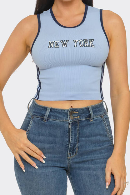 Seamless "New York" Screen Print Side Stripes Top
