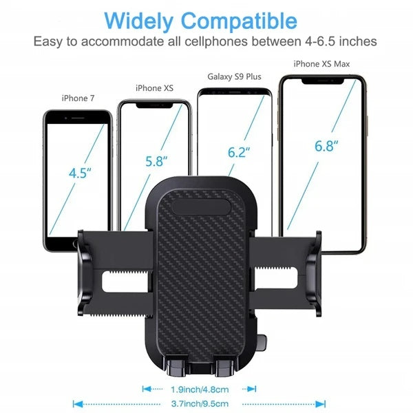 Adjustable black carbon fiber phone mount compatible with smartphones 4.5 to 6.8 inches including iPhone 7, XS, XS Max, and Galaxy S9 Plus