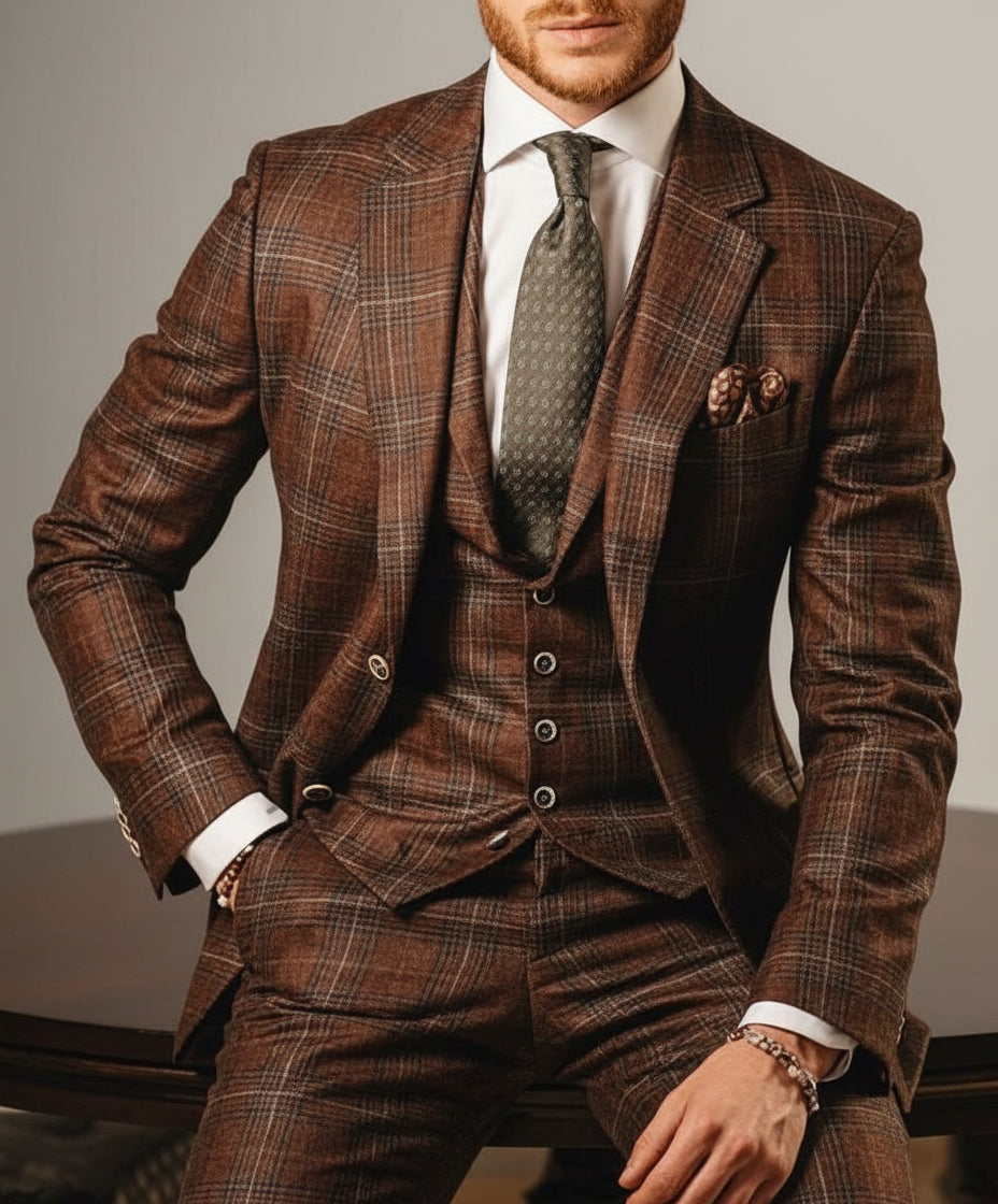 Man wearing a brown plaid three-piece suit with white shirt and patterned tie, sitting indoors