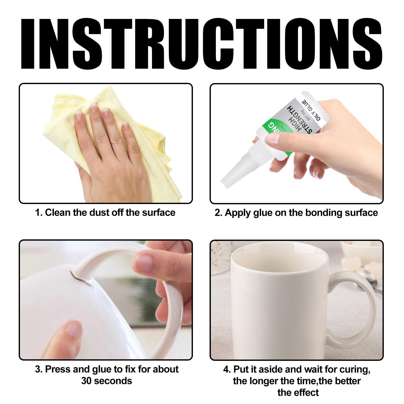 Step-by-step instructions to repair a broken ceramic mug using glue and cleaning cloth