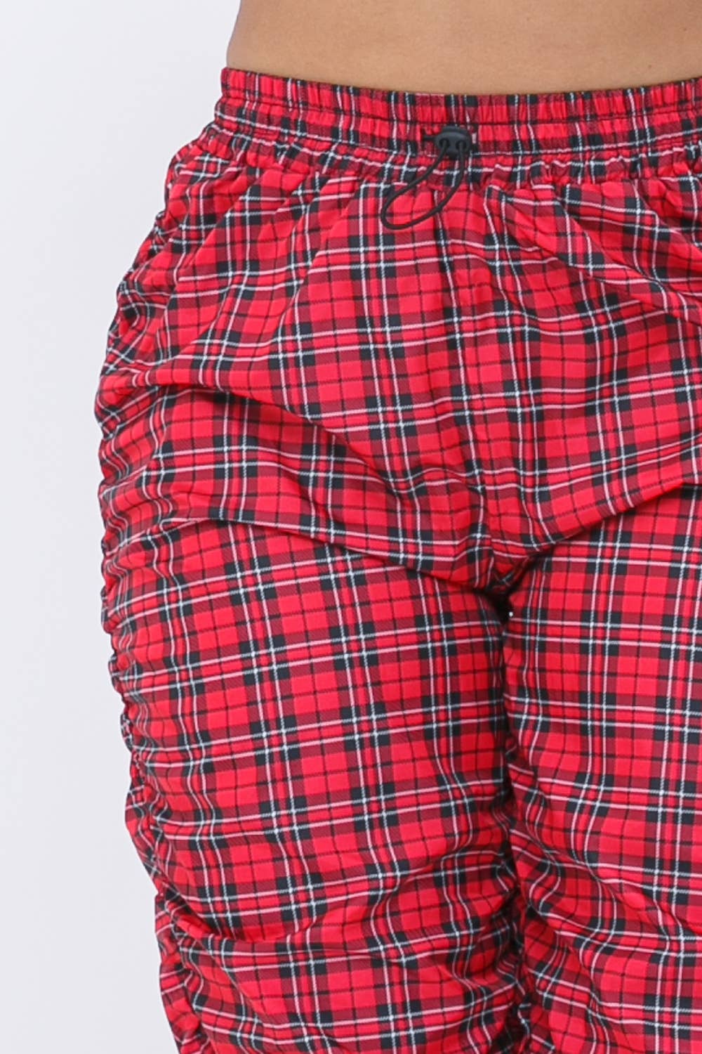 Plaid Print Wind Breaker Drawstring Shirring Jogger Pants