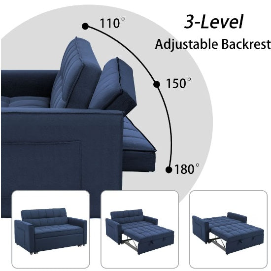 NEW Stylish Blue Pull-Out Sofa Bed With Woven Polyester Fabric &amp; Solid Wood Frame