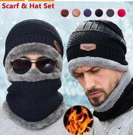 NEW Winter Beanie Hat Scarf Set Warm Knit Hat Thick Fleece Lined Winter Hat Neck Warmer For Men Women