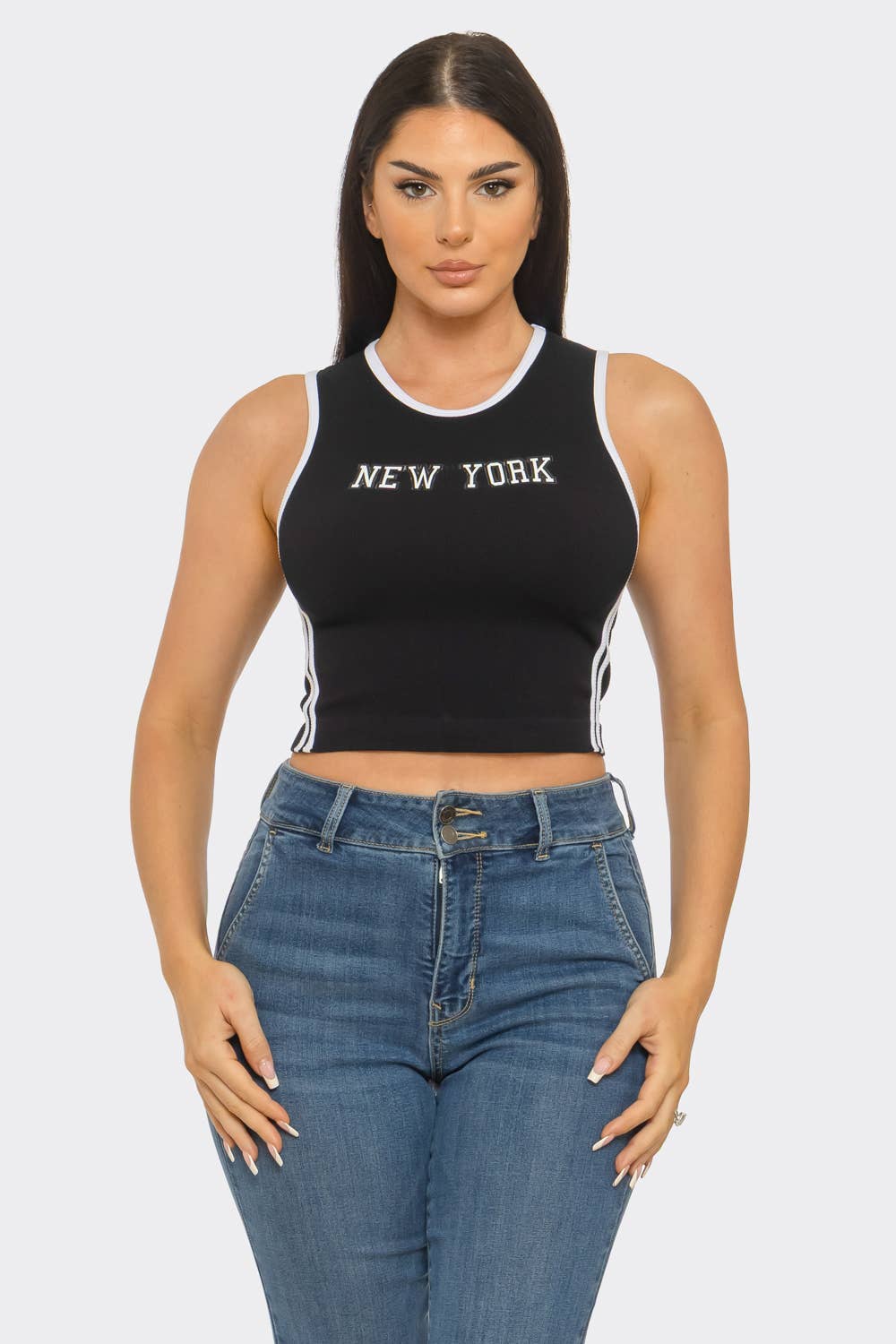 Seamless "New York" Screen Print Side Stripes Top