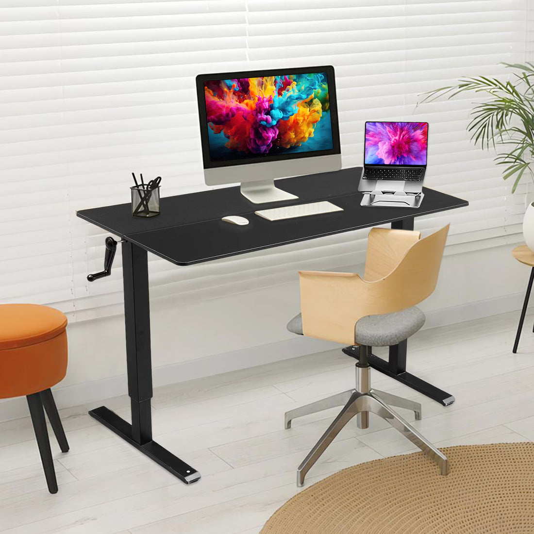 NEW Hand-Crank Adjustable Office Desk Height Adjustable, With Flat Metal Legs