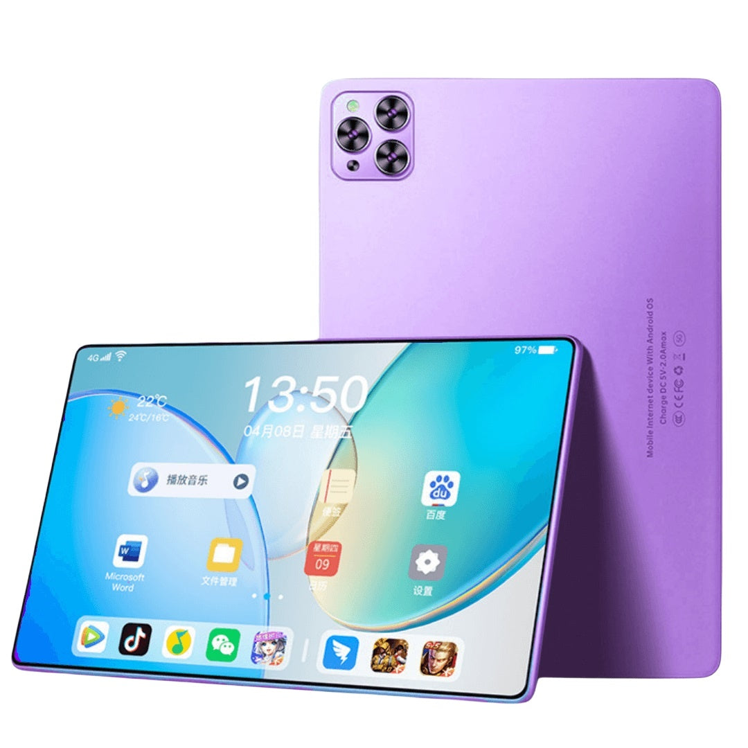Purple Android smartphone with triple rear cameras and vibrant app-filled touchscreen