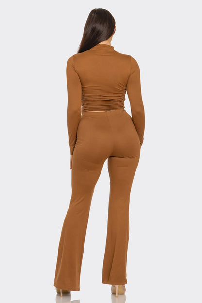 Mock Neck Shirring Top And Flare Leggings Set