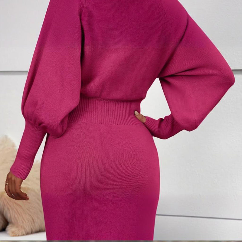NEW Women's Solid Color Round Neck Lantern Sleeve Bodycon Dress - Elastic Waist Knee-Length Knit Dress