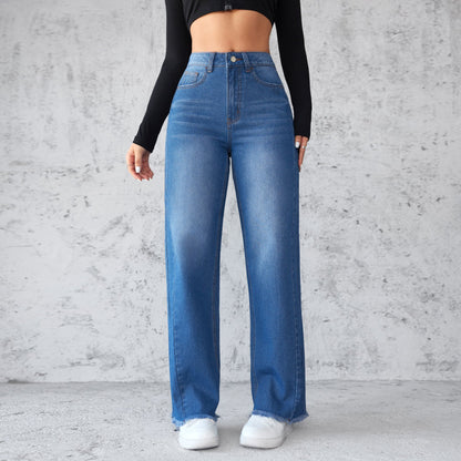 Women’s High-Waisted Denim Patchwork Pants – Stylish Casual Cotton Blend Trousers