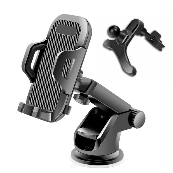 Black carbon fiber pattern car phone holder with extendable arm and suction cup base